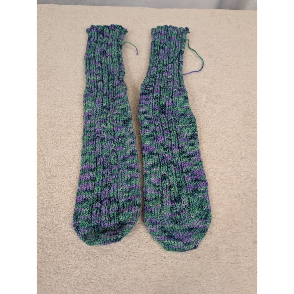 Handmade Knit Socks Green Purple Variegated Textured Wool Blend Warm Winter